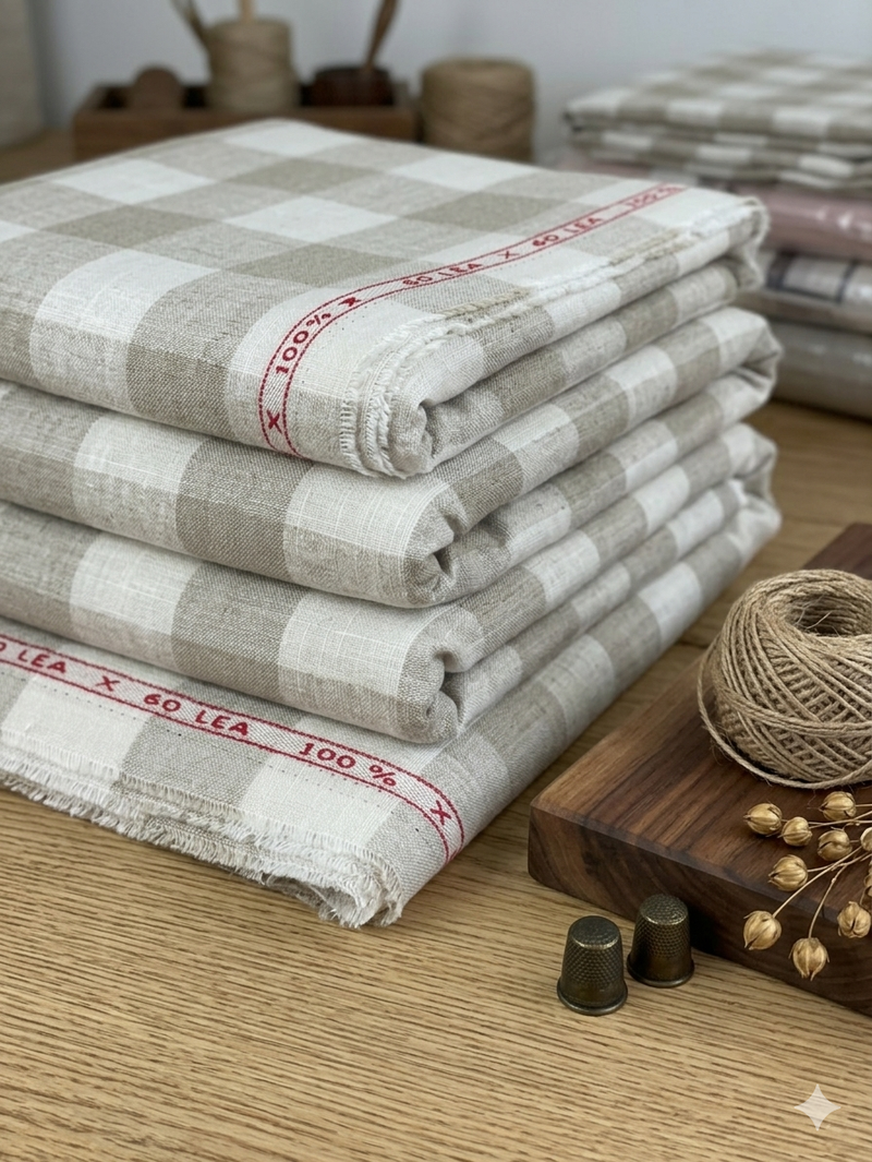 Natural Beige and off-white Big checks Pure 100 % Linen(0% cotton)
