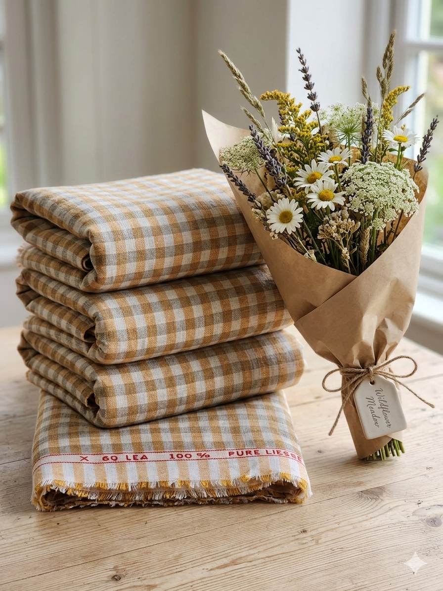 Orange-Slate Grey & Off White Checks 100% Pure Linen (No cotton)