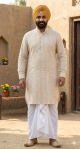 Beige With three White thin Horizontal Lines Cotton Linen Fabric