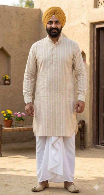 Beige With three White thin Horizontal Lines Cotton Linen Fabric