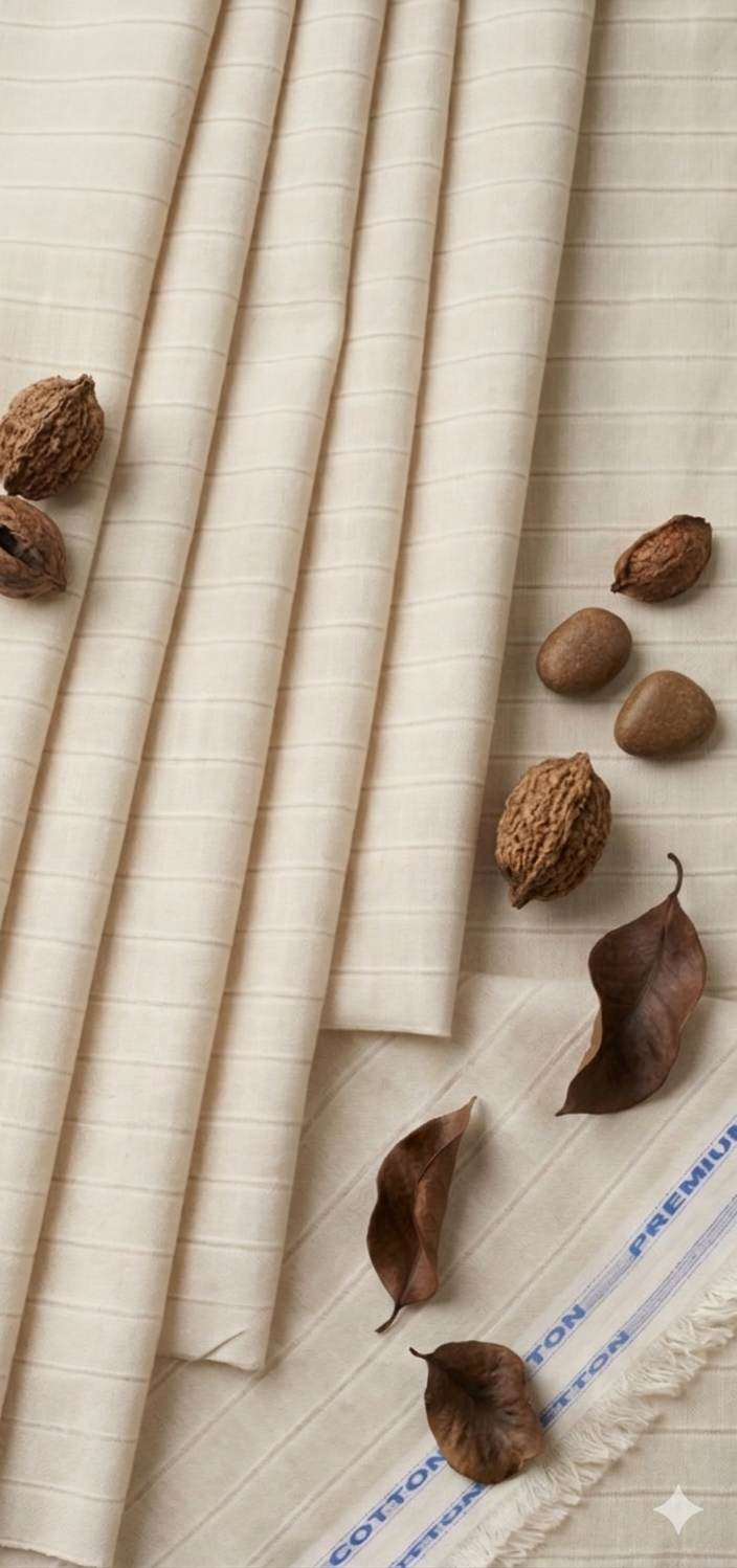 Beige Melange with White brown white Horizontal Lines Cotton Linen Fabric