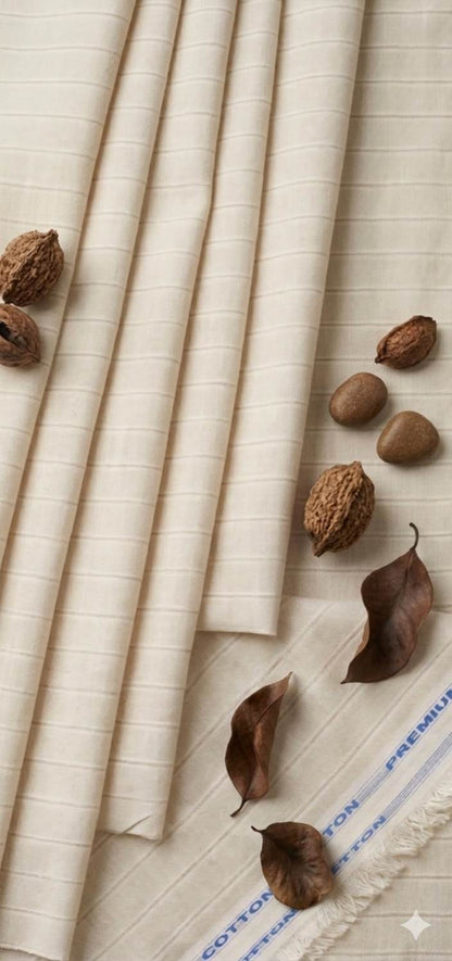 Beige Melange with White brown white Horizontal Lines Cotton Linen Fabric