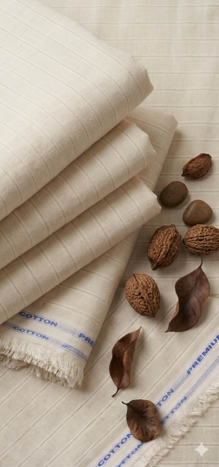 Beige Melange with White brown white Horizontal Lines Cotton Linen Fabric