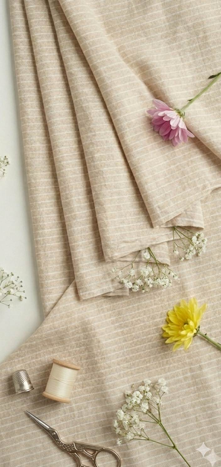 Beige With  White pinstripe Premium Cotton Linen Fabric