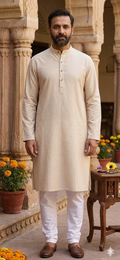 Beige With  White pinstripe Premium Cotton Linen Fabric