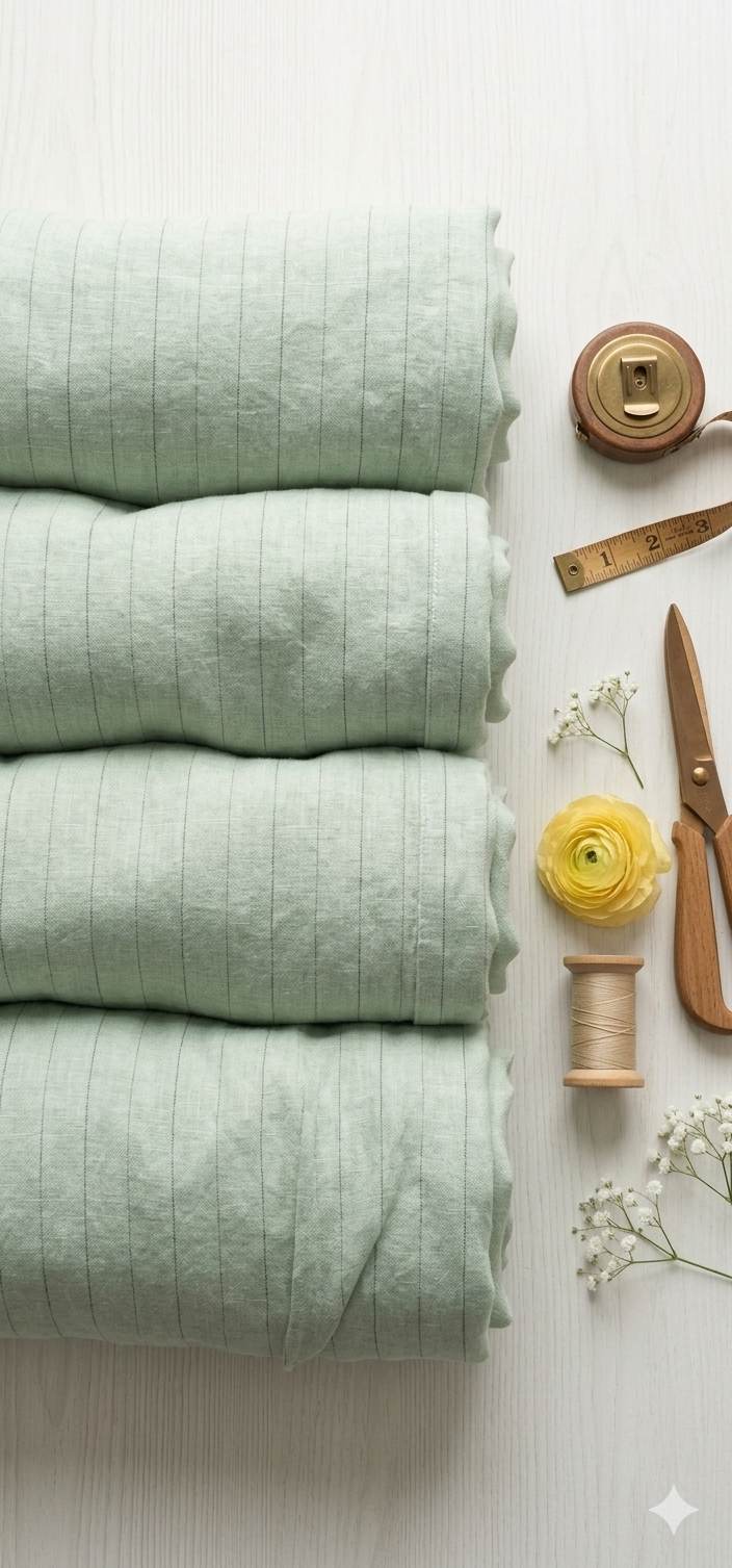 Mint Green pinstripe Premium Cotton Linen Fabric