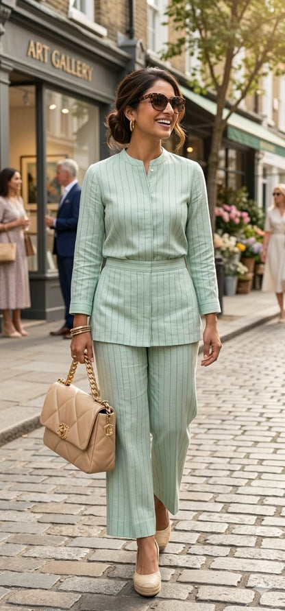 Mint Green pinstripe Premium Cotton Linen Fabric