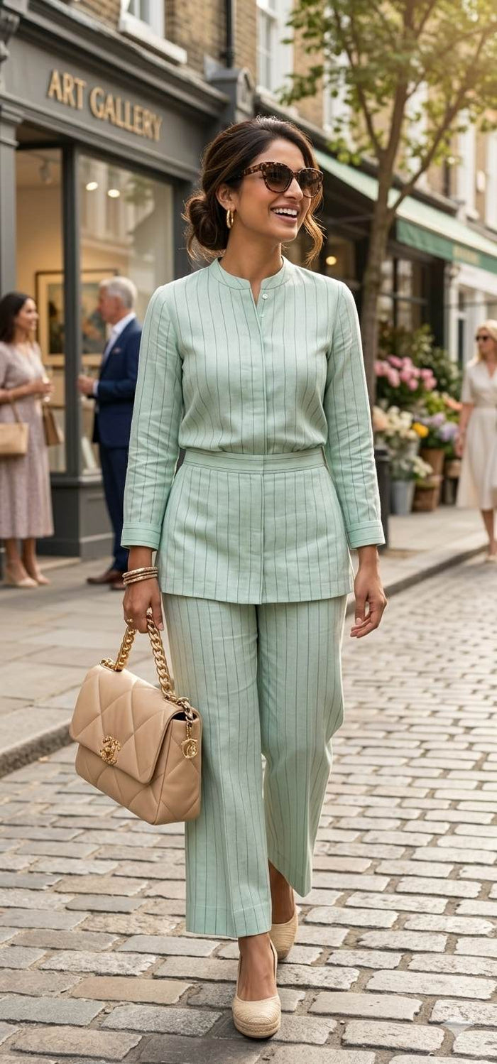 Mint Green pinstripe Premium Cotton Linen Fabric