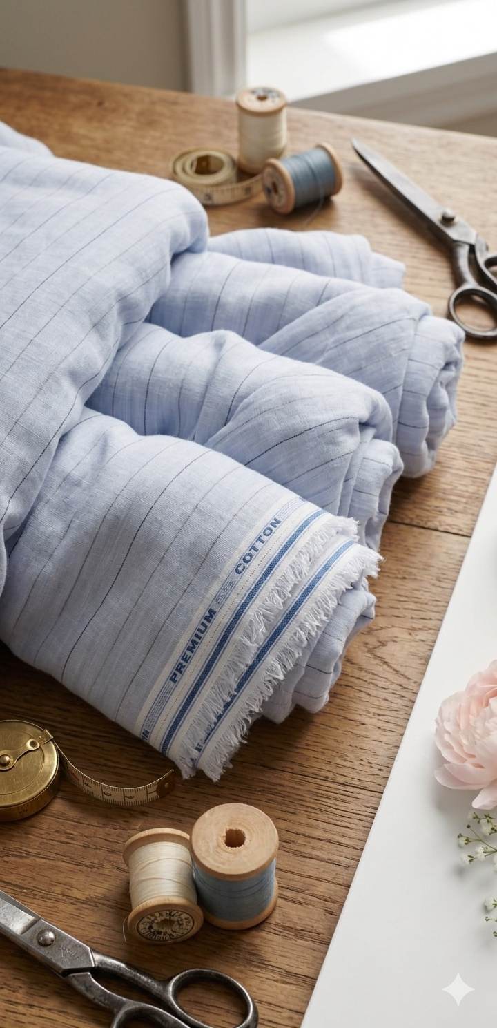 Cool Blue pinstripe Premium Cotton Linen Fabric