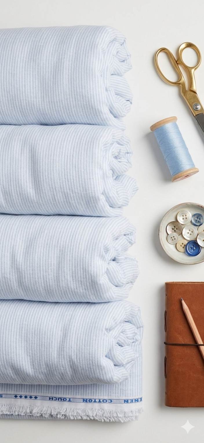 Cool Blue with white pinstripe Premium Cotton Linen Fabric(2)