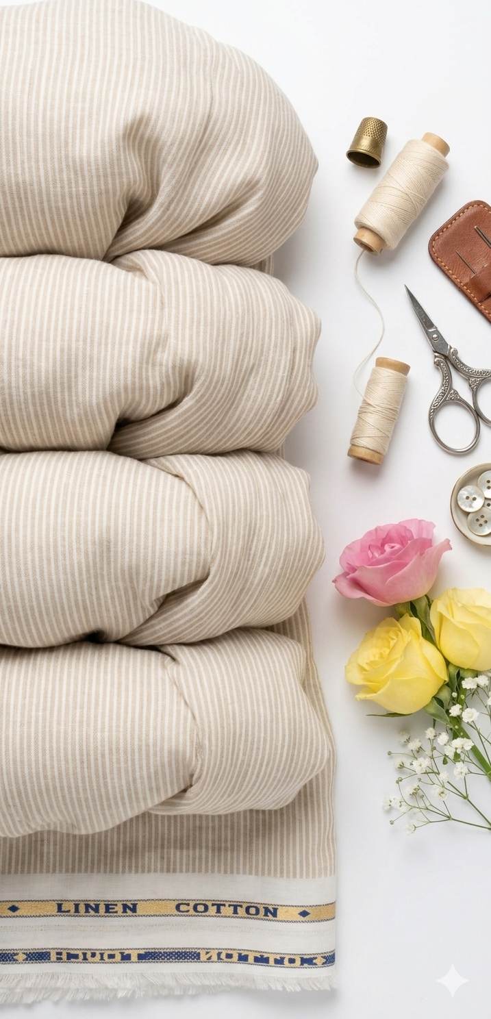 Beige With  White pinstripe Premium Cotton Linen Fabric (2)
