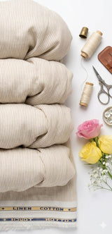 Beige With  White pinstripe Premium Cotton Linen Fabric (2)