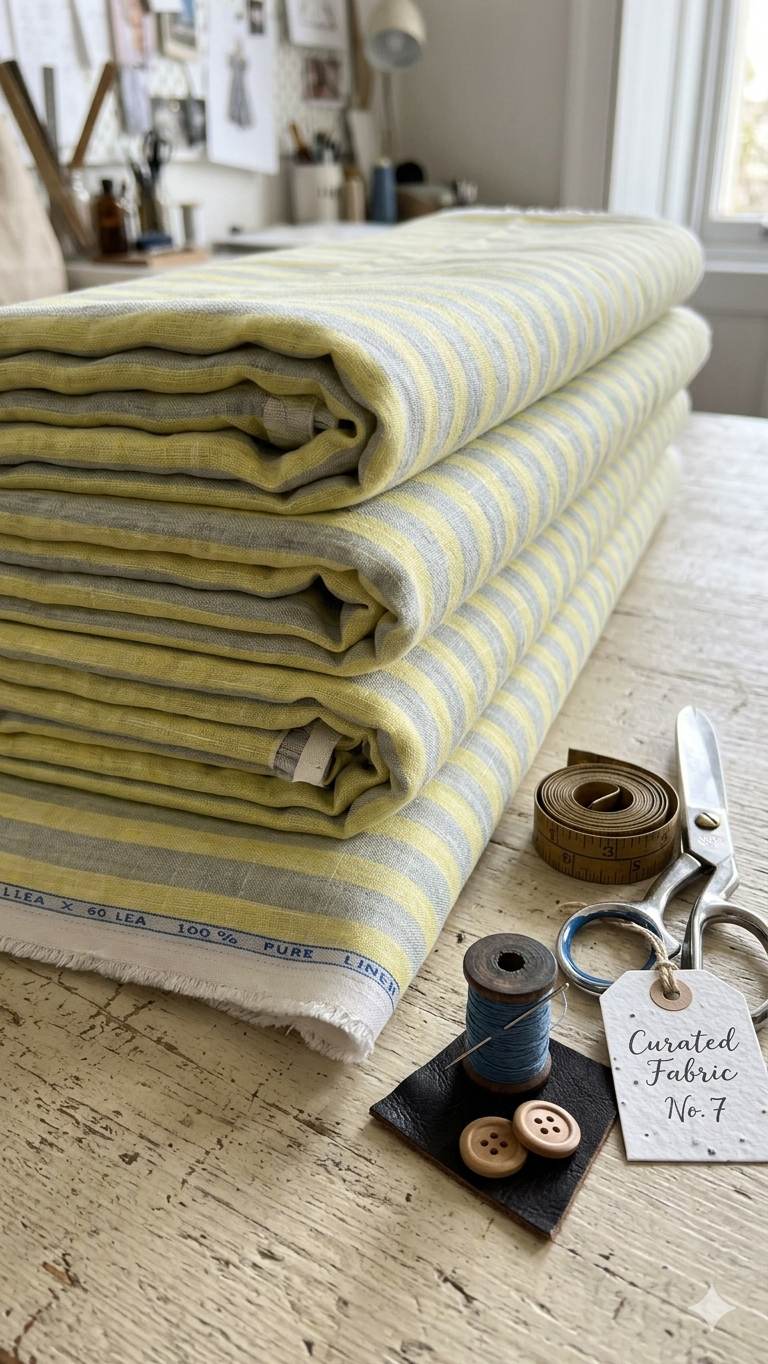 Lemon yellow  and Slate Grey Striped 100% Pure Linen (No Cotton)