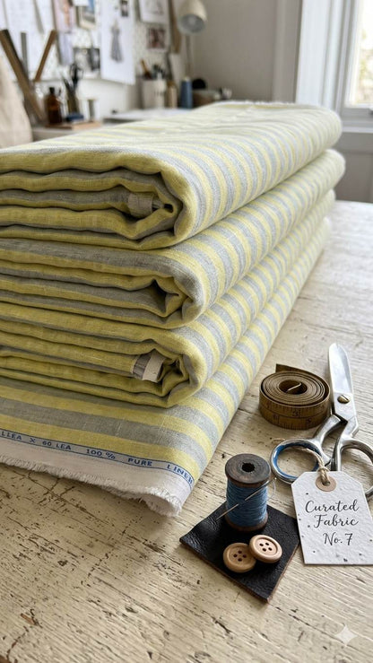 Lemon yellow  and Slate Grey Striped 100% Pure Linen (No Cotton)