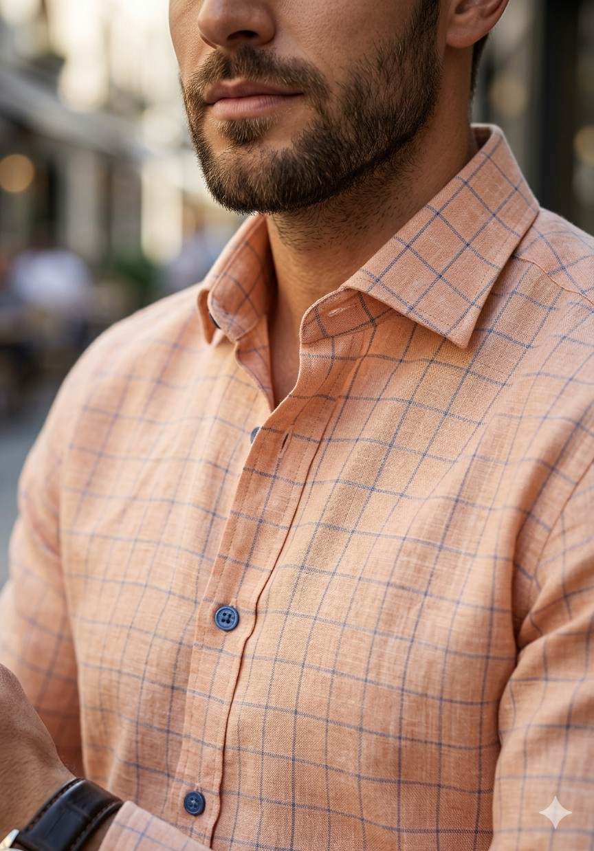 Peach with Blue thin lines Checks 100% Pure Linen (No cotton)