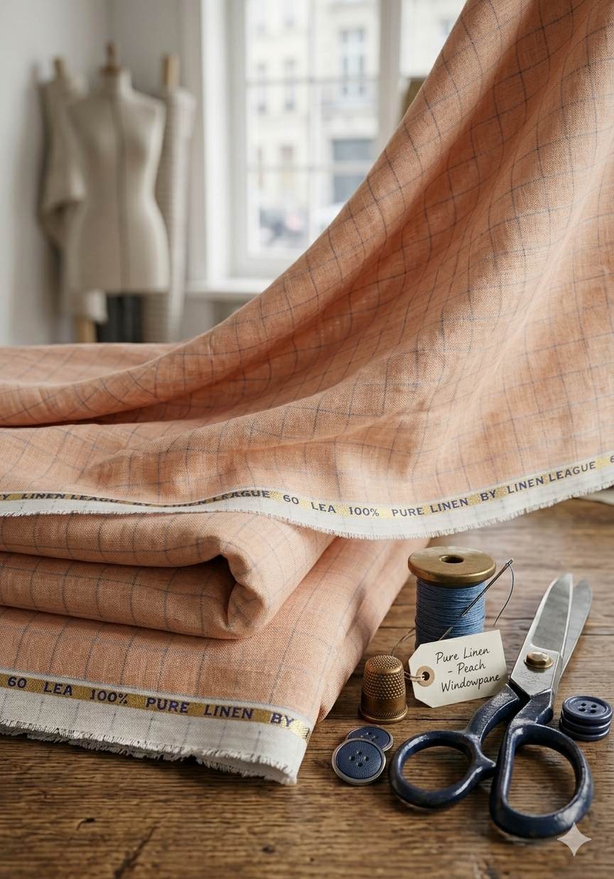 Peach with Blue thin lines Checks 100% Pure Linen (No cotton)