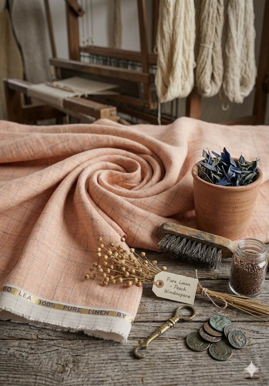 Peach with Blue thin lines Checks 100% Pure Linen (No cotton)