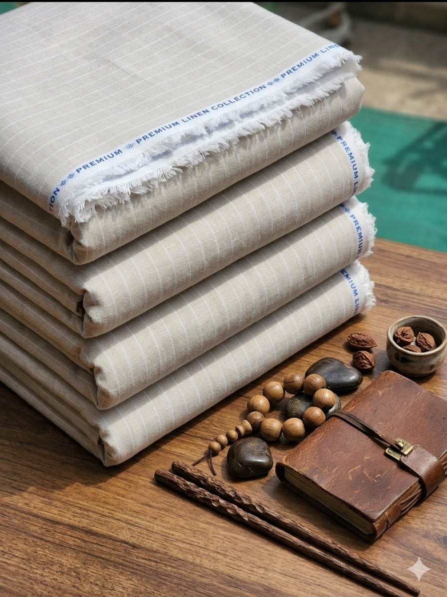 Light Beige with White  vertical stripes Premium cotton Linen