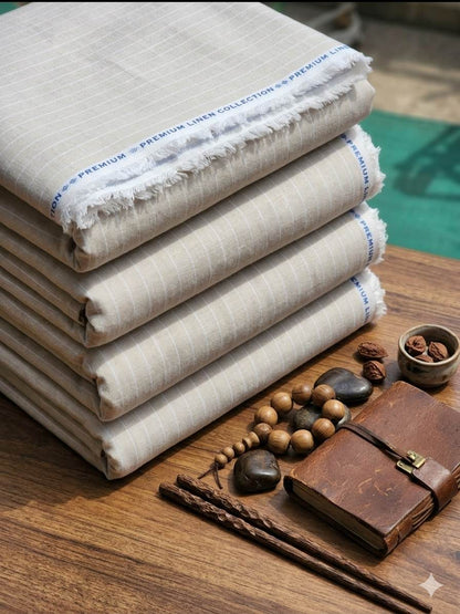 Light Beige with White  vertical stripes Premium cotton Linen