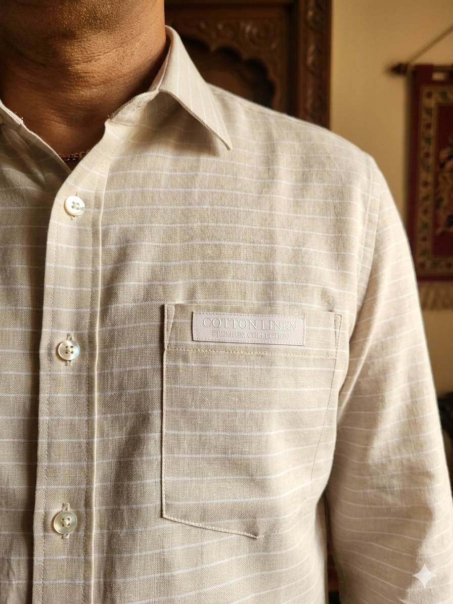 Light Beige with White  vertical stripes Premium cotton Linen