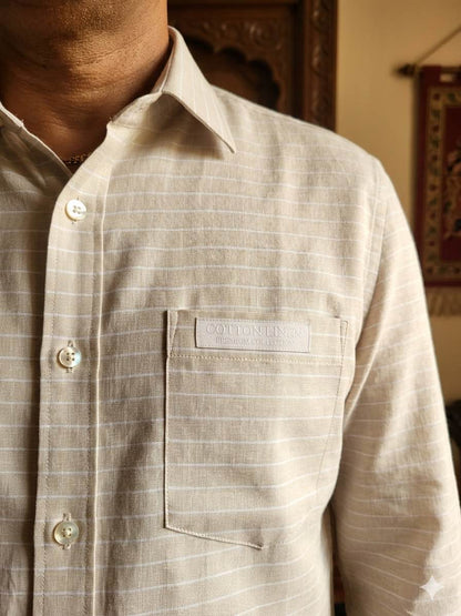 Light Beige with White  vertical stripes Premium cotton Linen