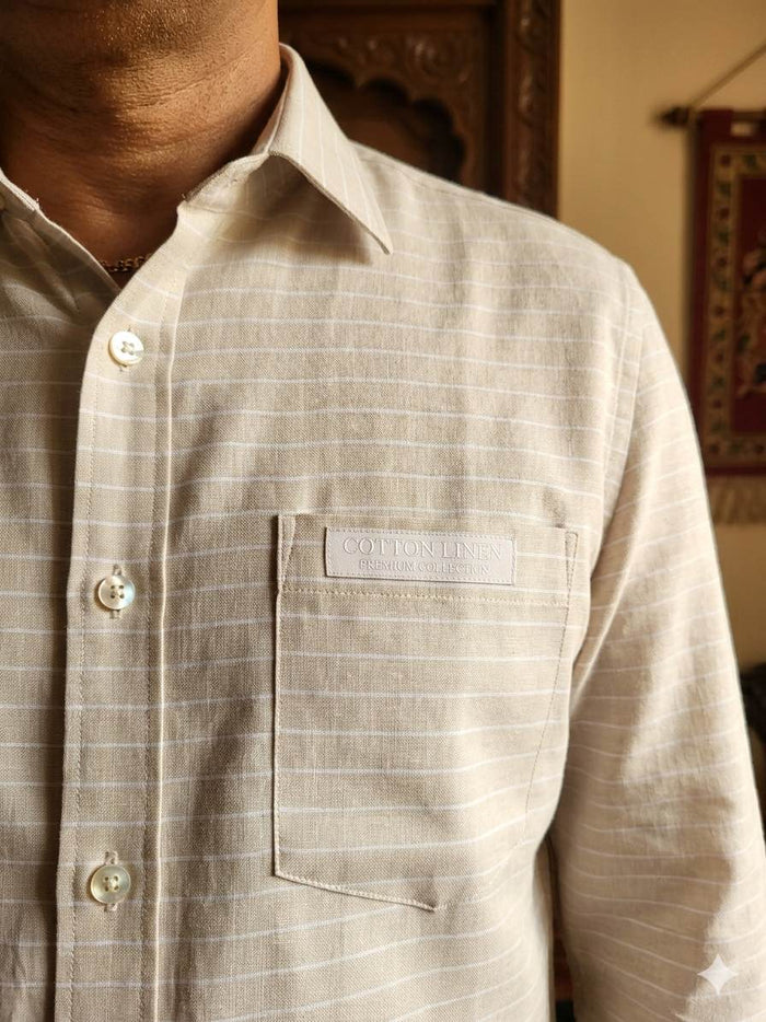 Light Beige with White  vertical stripes Premium cotton Linen