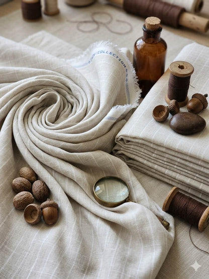 Light Beige with White  vertical stripes Premium cotton Linen