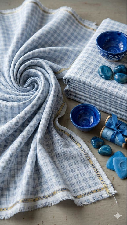 Off white with Blueish grey triple  lines checks Premium cotton Linen