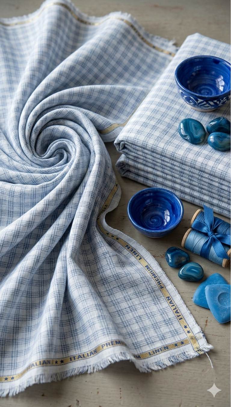 Off white with Blueish grey triple  lines checks Premium cotton Linen