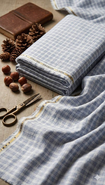 Off white with Blueish grey triple  lines checks Premium cotton Linen