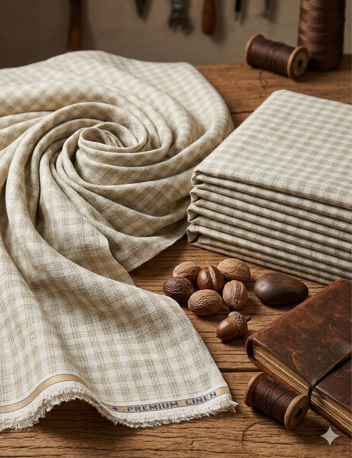 Off white with Beige triple lines checks Premium cotton Linen