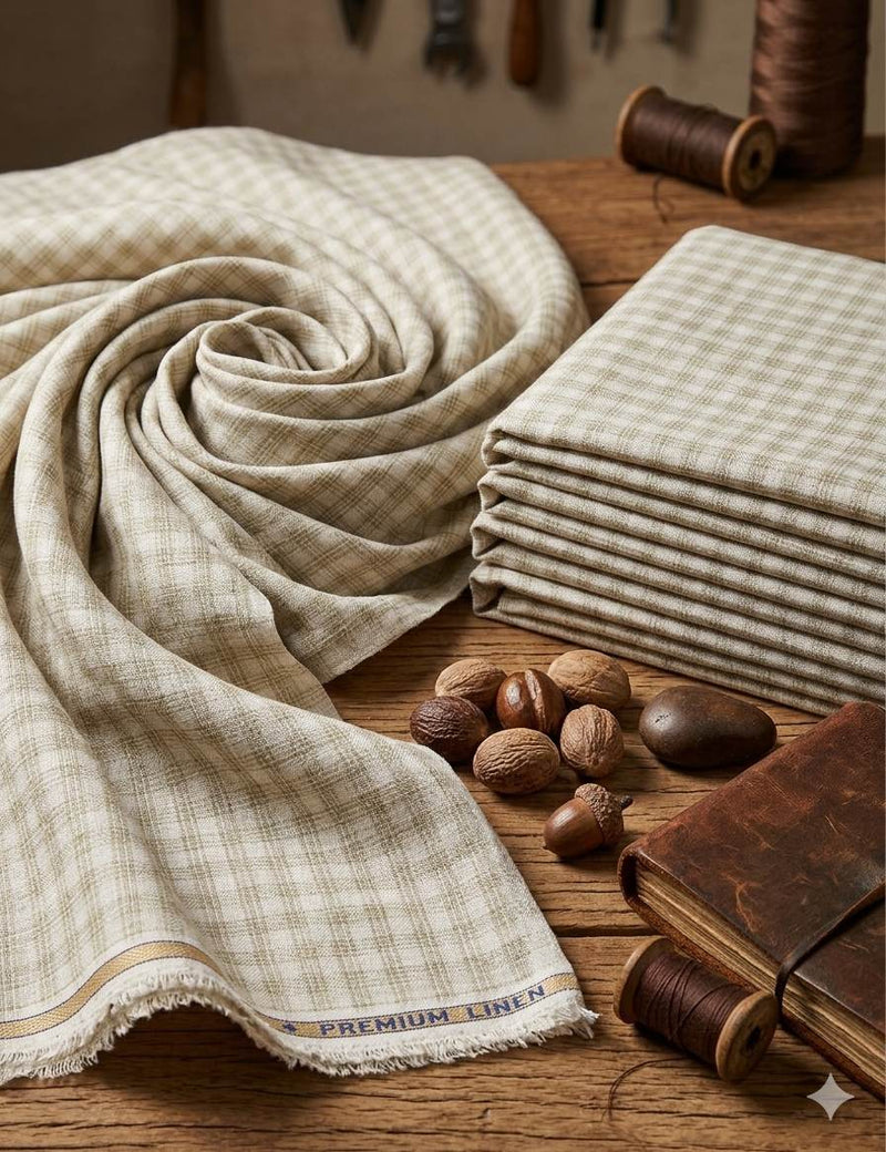 Off white with Beige triple lines checks Premium cotton Linen