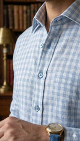 Off white with Blueish grey triple  lines checks Premium cotton Linen