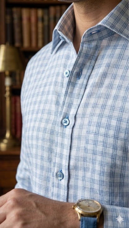 Off white with Blueish grey triple  lines checks Premium cotton Linen