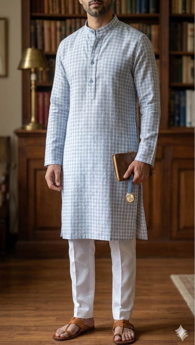 Off white with Blueish grey triple  lines checks Premium cotton Linen