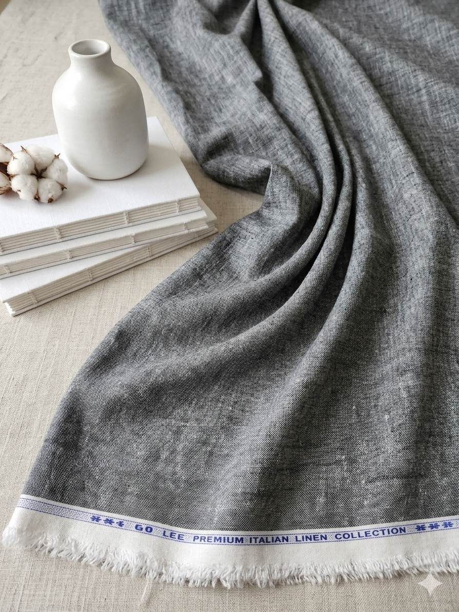 Charcoal Grey Melange with off White texture Cotton Linen