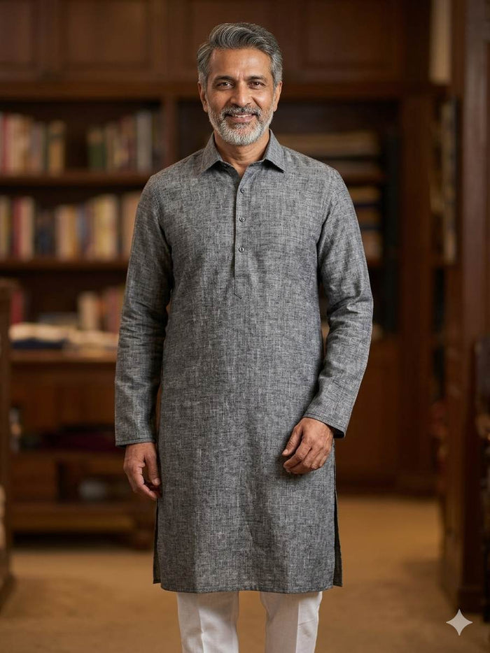 Charcoal Grey Melange with off White texture Cotton Linen