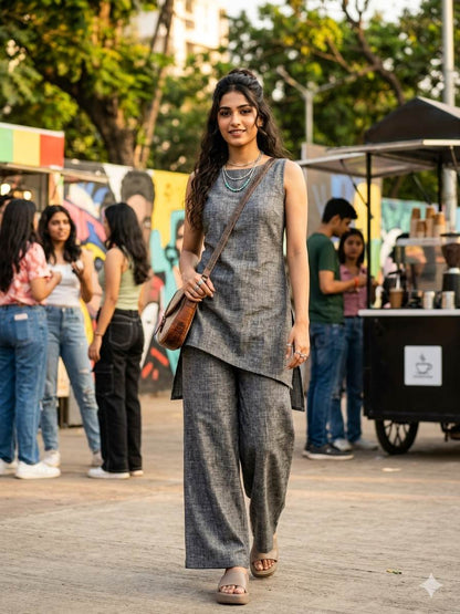 Charcoal Grey Melange with off White texture Cotton Linen