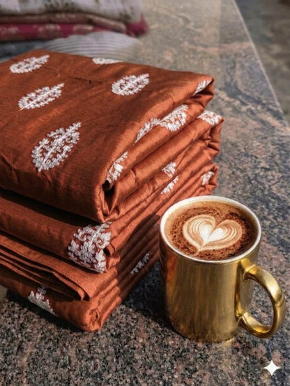 Copper-Brown Chanderi Silk with White cord Motifs Fabric