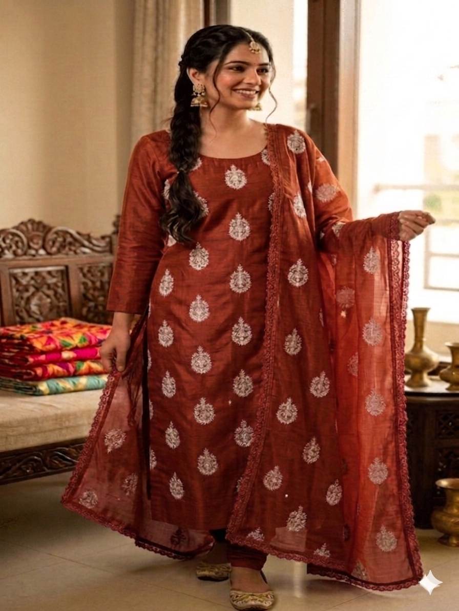 Copper-Brown Chanderi Silk with White cord Motifs Fabric