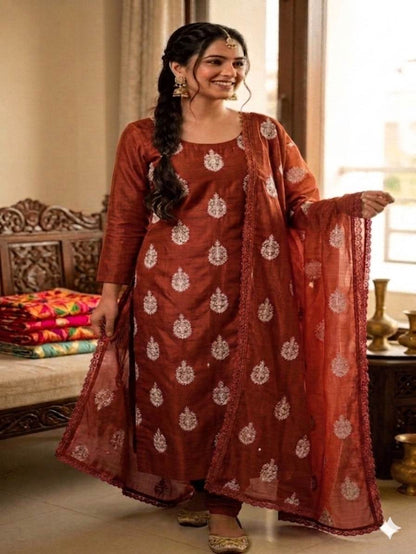 Copper-Brown Chanderi Silk with White cord Motifs Fabric