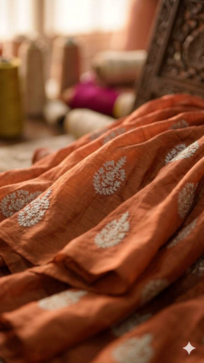 Copper-Brown Chanderi Silk with White cord Motifs Fabric