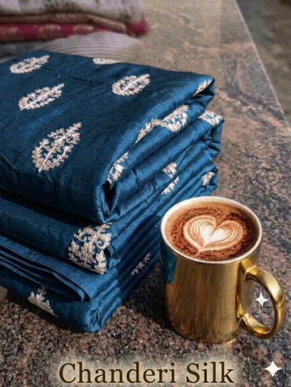 Deep Blue Chanderi Silk with White cord Motifs Fabric