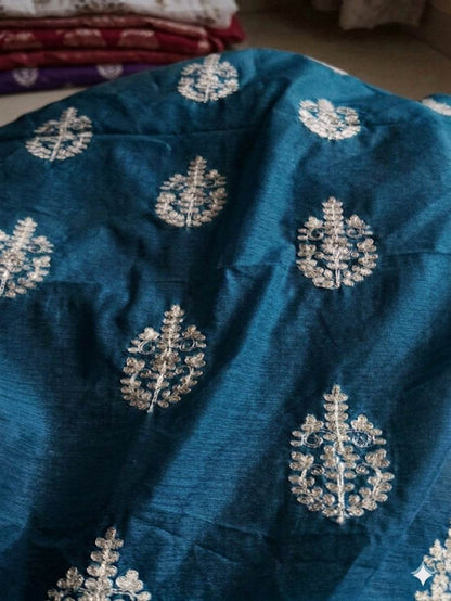 Deep Blue Chanderi Silk with White cord Motifs Fabric