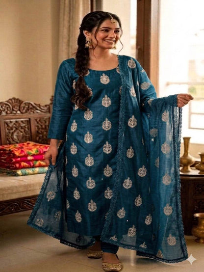 Deep Blue Chanderi Silk with White cord Motifs Fabric