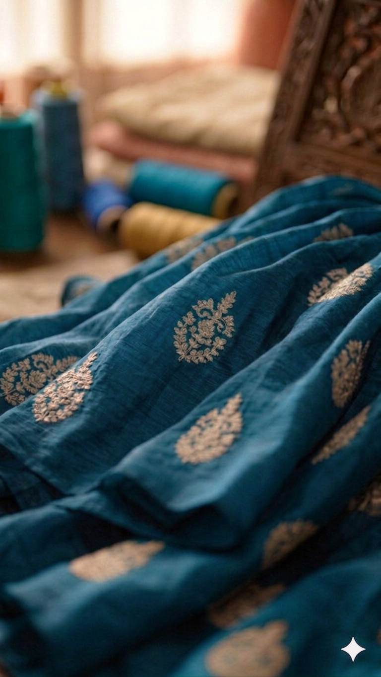 Deep Blue Chanderi Silk with White cord Motifs Fabric