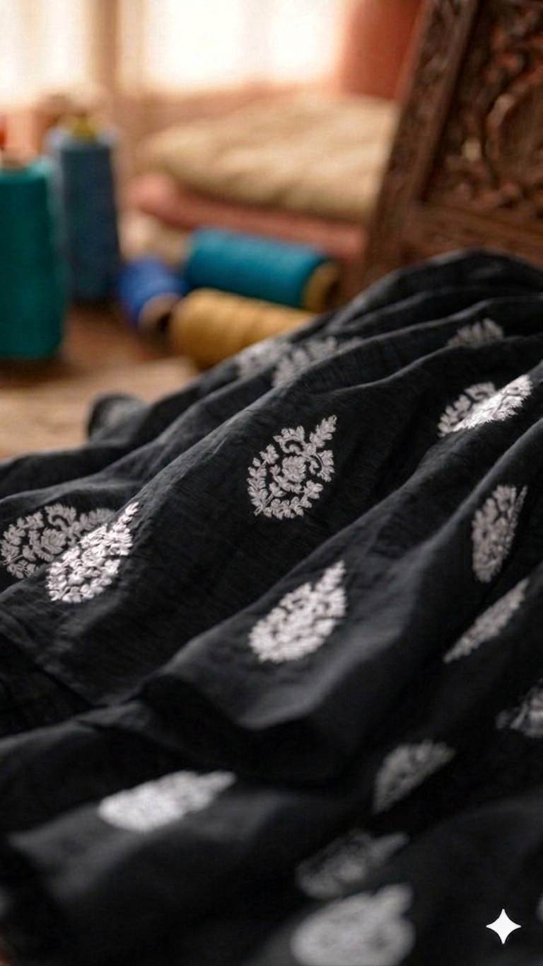 Black Chanderi Silk with White cord Motifs Fabric