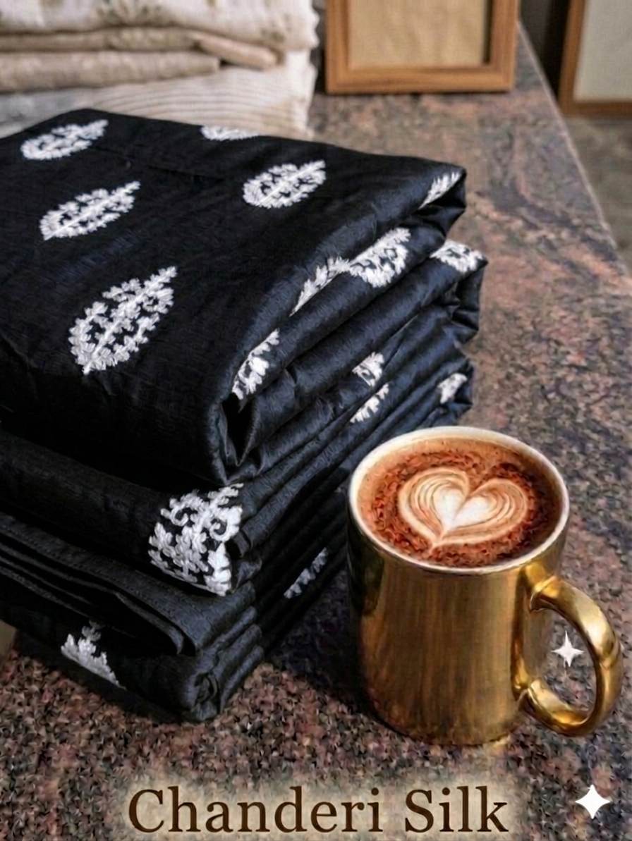 Black Chanderi Silk with White cord Motifs Fabric