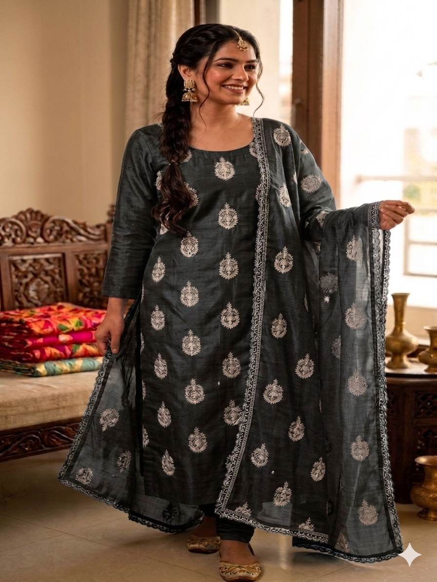 Black Chanderi Silk with White cord Motifs Fabric
