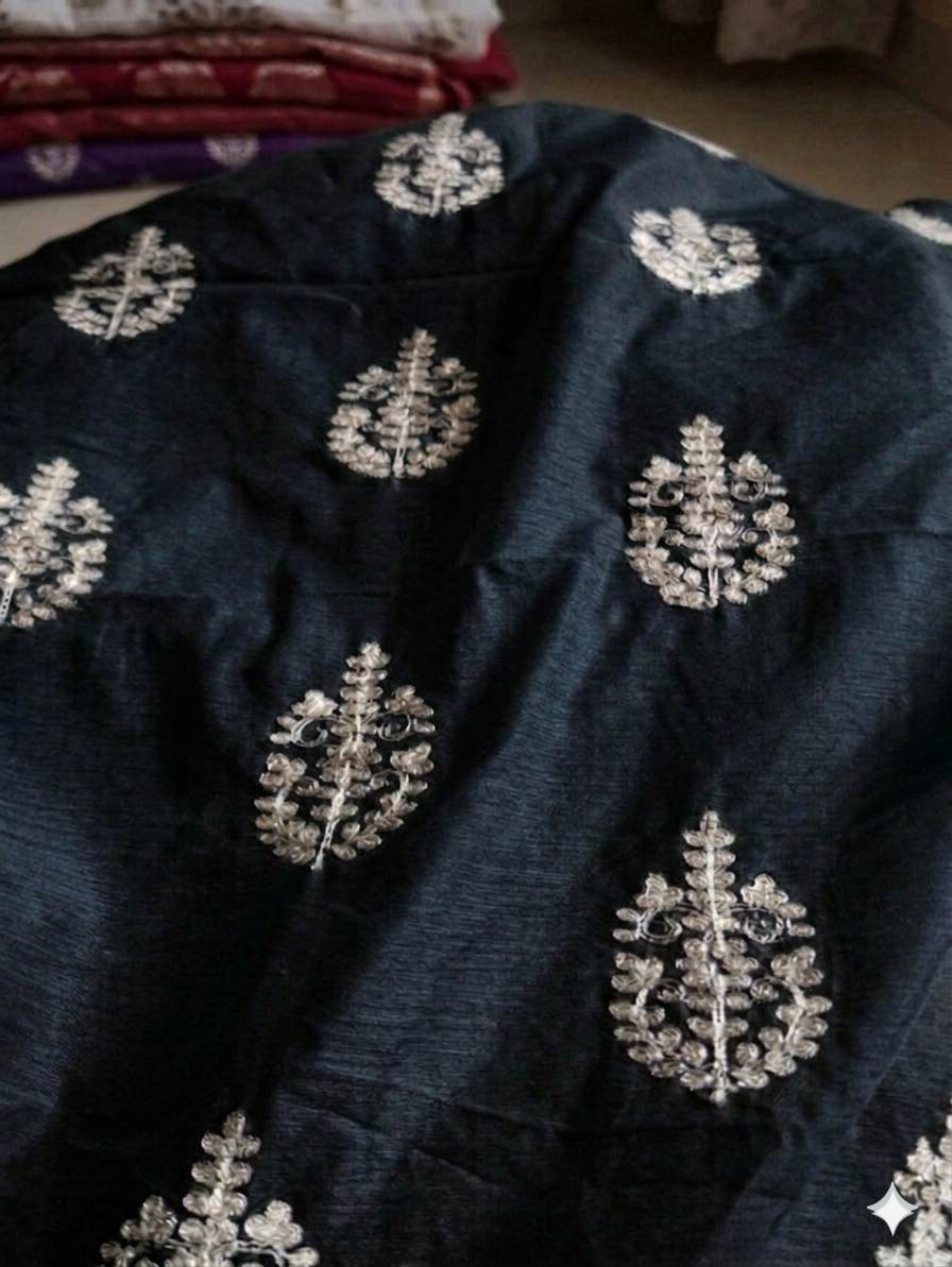 Black Chanderi Silk with White cord Motifs Fabric